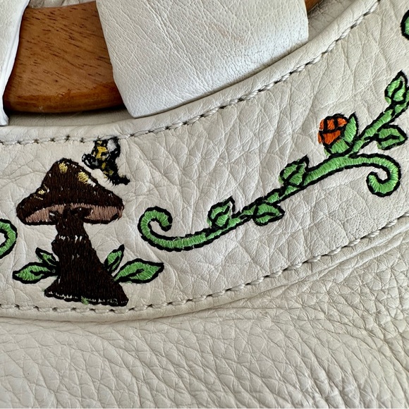 BaBee D Leather Whimsical Mushroom Embroidered Hand Bag Hobo with Wood Handles - Picture 13 of 16